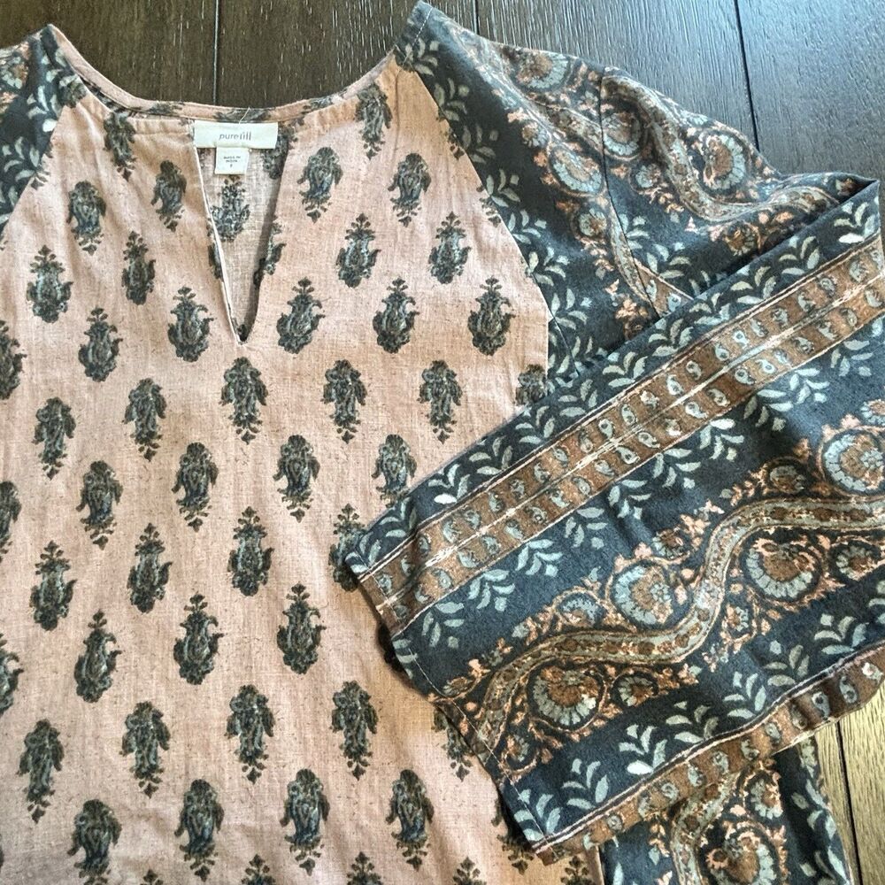 Pure Jill Tunic Women Small Pink Blue Paisley Linen Blend Boho Chic Lagenlook
